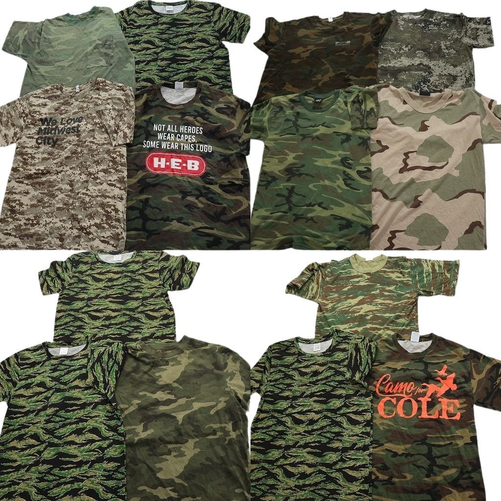 古着卸 まとめ売り 迷彩柄 半袖Tシャツ 14枚セット (メンズ S /M ) 英文字プリント ワンポイント ポケット付き  古着 NB3714