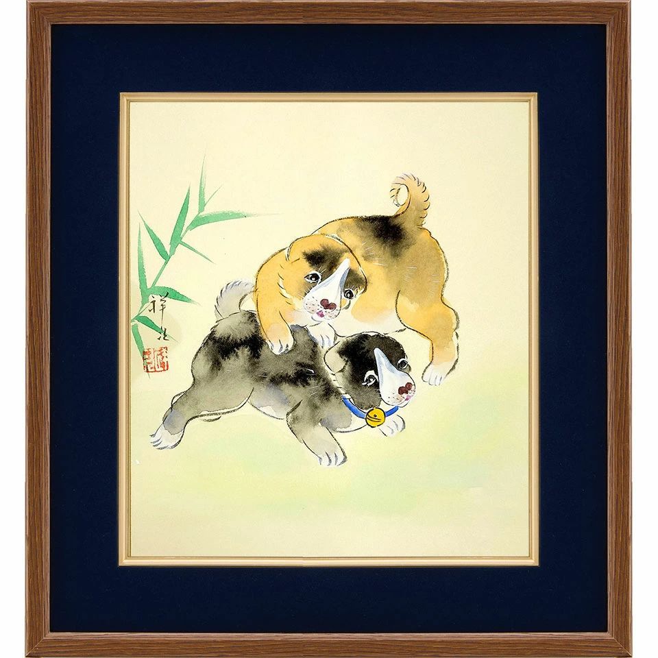 色紙額 祥次 「犬」 日本画 真筆 額入り 肉筆画 手描き 動物画