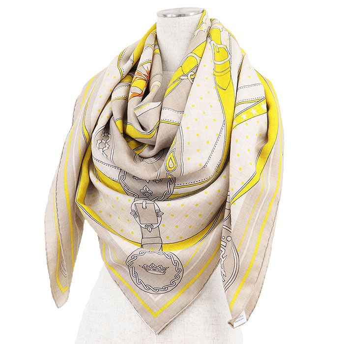 HERMES エルメス カレジェアン140 スカーフ LA PROMENADE DU MATIN 朝の散歩 馬具モチーフ カシミヤ × シルク メンズ レディース ユニセックス ベージュ イエロー フランス製 アンリ ドリニー