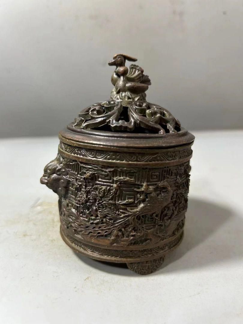 銅器 香炉浮彫り透かし彫り百鳥朝鳳天?瑞獣耳薫香炉 香道具 装飾