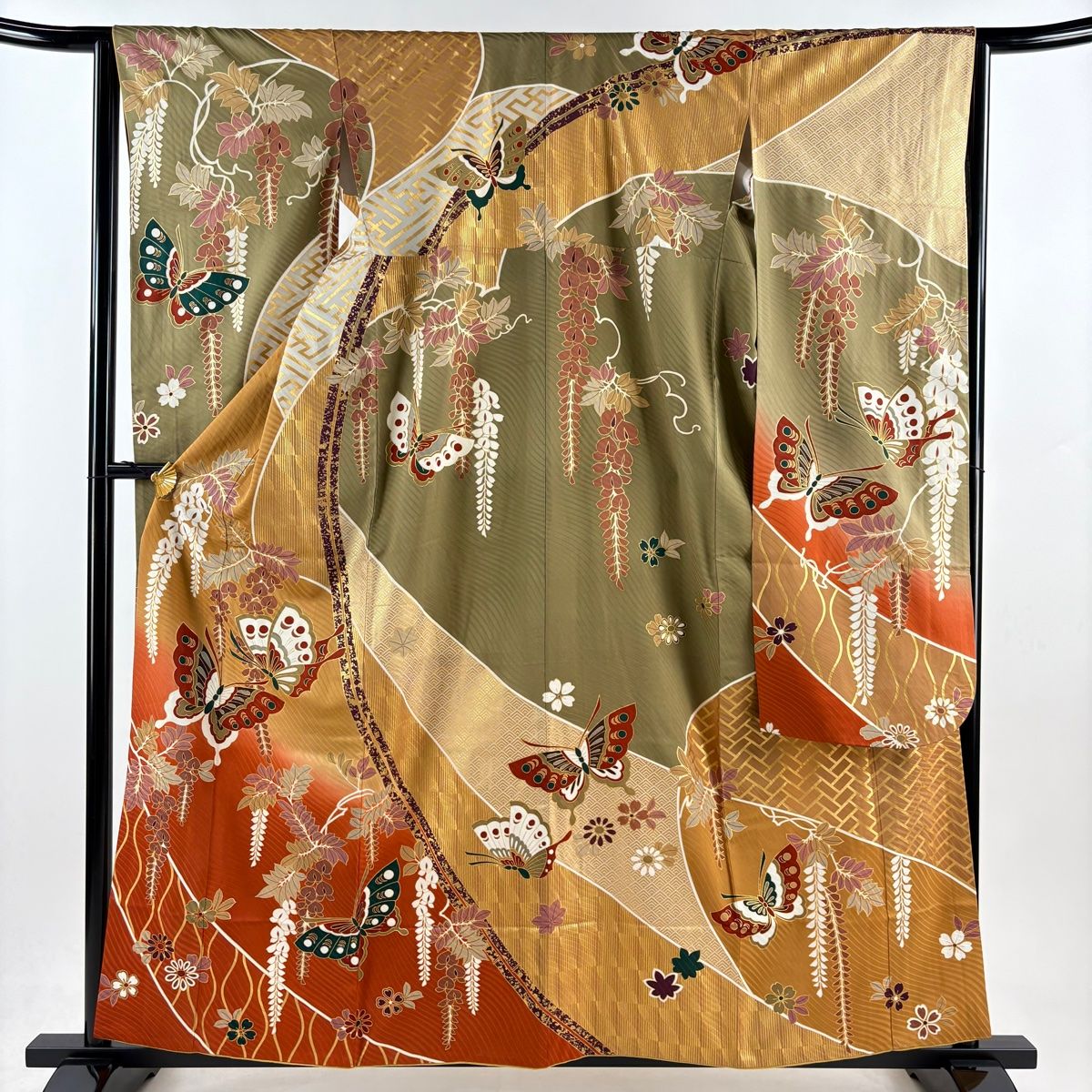 振袖 身長159-174cm 濃茶　正絹 振袖 身丈159cm 裄丈64cm M 袷 鈴乃屋 蝶 藤 金彩 染め分け 黄土