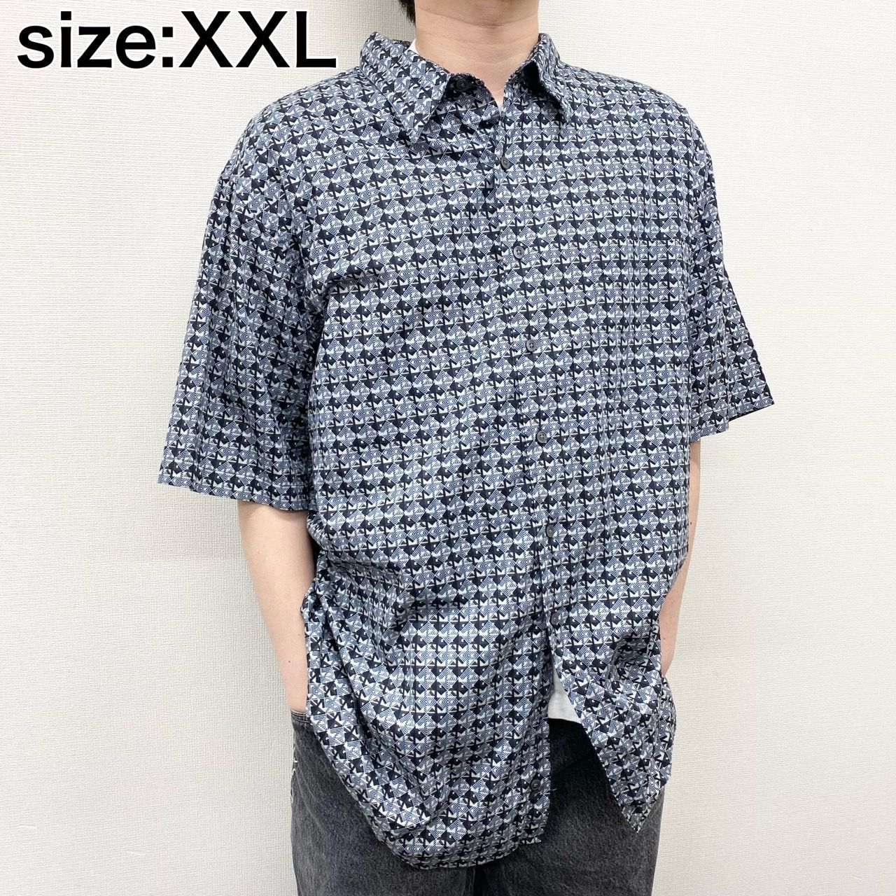 MURANO コットン 総柄 シャツ 半袖 ショートスリーブ XXL グレー系