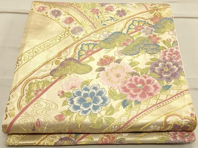 平和屋着物◎六通柄袋帯 唐織 鉄扇花鳥紋 金糸 正絹 逸品