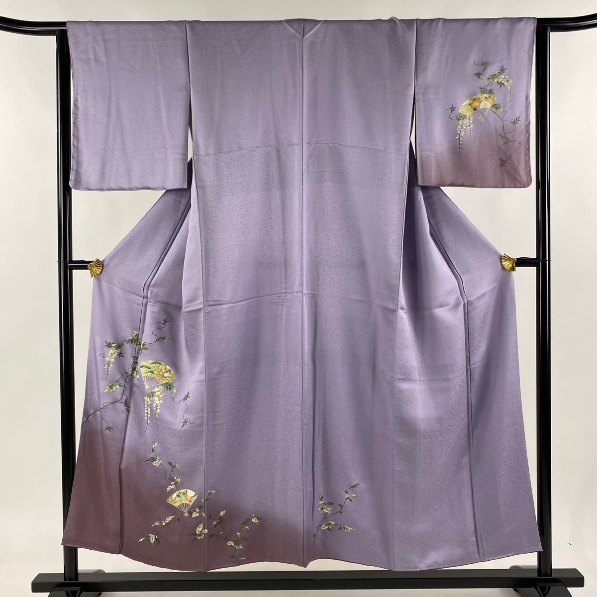 付下げ 身丈152cm 裄丈64cm M 袷 藤 扇 金銀彩 染め分け 薄紫 付下げ 身丈152cm 裄丈64cm M 袷 藤 扇 金銀彩 染め分け 薄紫