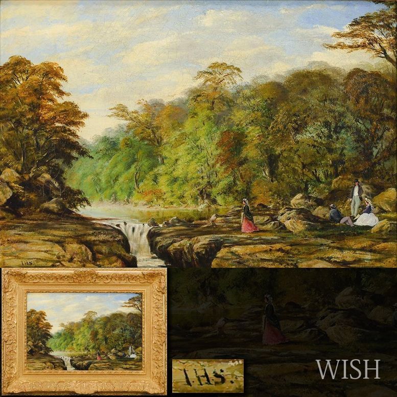 WISH サイン有 I.H.S 油彩 6号大 河風景 古い絵 19世紀頃 ◆滝辺に憩う人々のロマン画 25092539