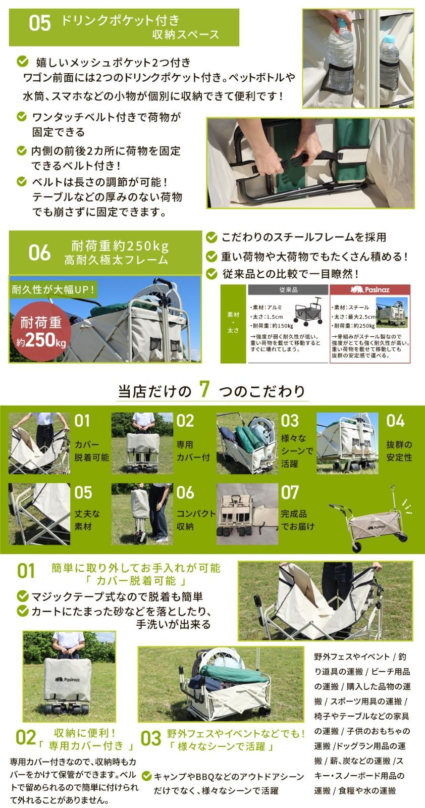 コンパクト ワイドタイヤ 折りたたみ ストッパー付き 軽量 ノーパンクタイヤ キャンプ ミニ 高さ調整 子供 耐荷重250 kg アウトドアワゴン キャリーカート キャリーワゴン 2 way BBQ 片手ハンドル 大型 両手ハンドル 公園 大容量200 L