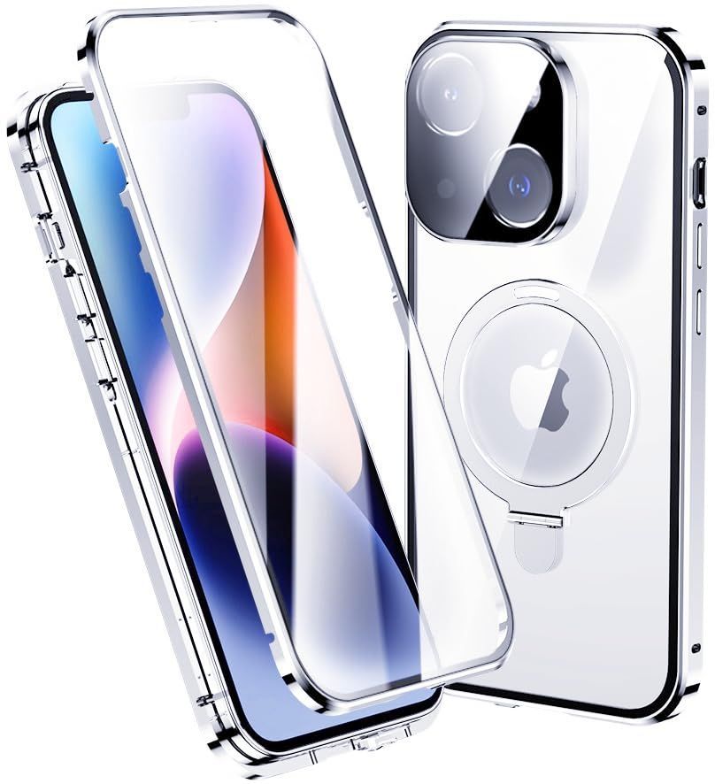 新品 iPhone14 用 ケース MagSafe対応 ワイヤレス充電対応 全面カバー リング付き スタンド機能 一体型レンズ保護 ロック式 両面ケースマグネット式 強化ガラス アイフォン14 カバー クリア ケー