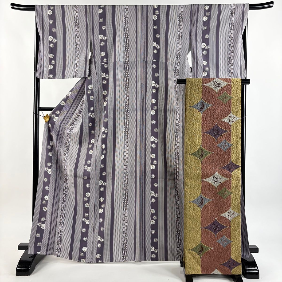 小紋 身丈166cm 裄丈67.5cm L 袷 袋帯セット 落款 縞 丸文 灰色 正絹 秀品