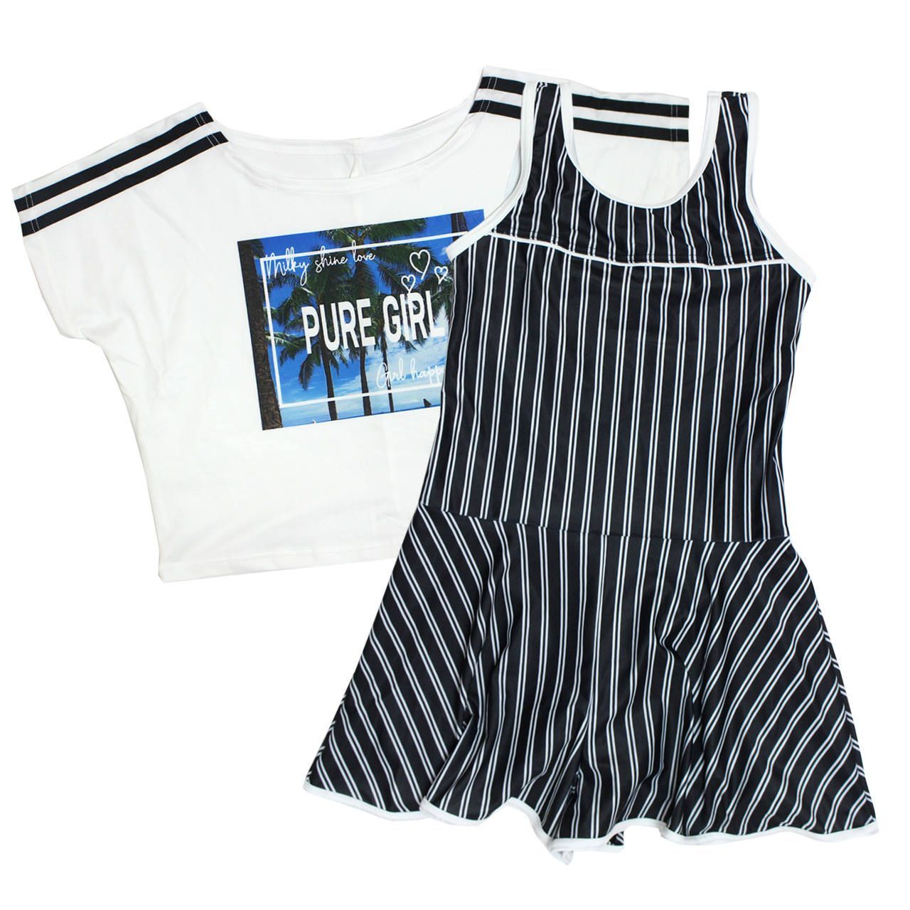 【新品 在庫処分】 水着 女の子 子供 キッズ ジュニア ワンピース水着 キュロット Tシャツ付き 2点セット 130cm 140cm 150cm 160cm  865142