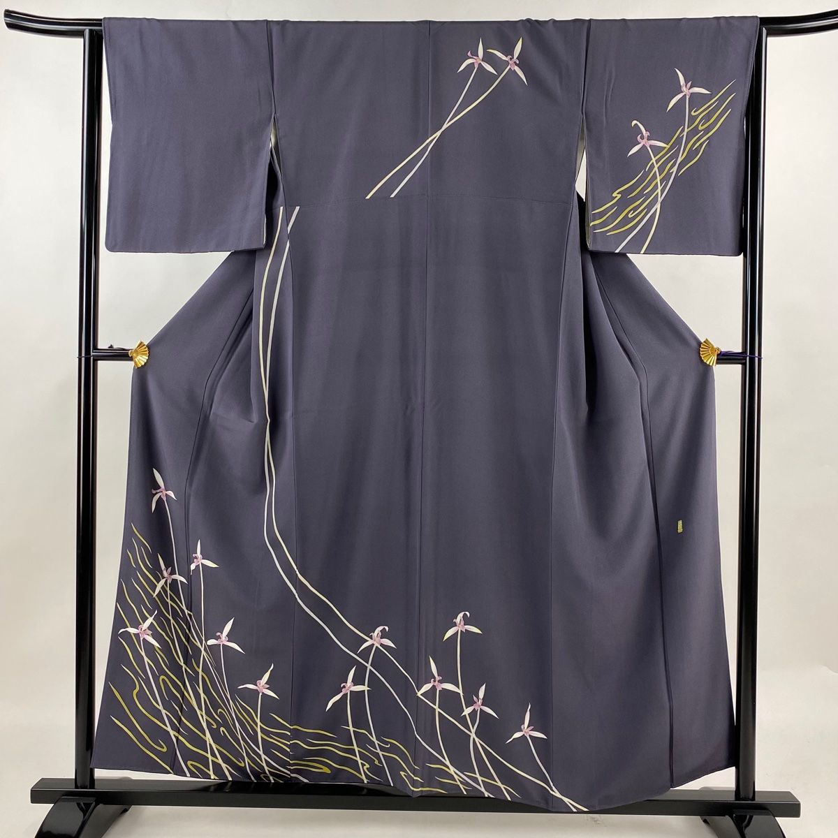 訪問着 身丈155.5cm 裄丈63.5cm S 袷 金丸秀一 加賀友禅 落款 証紙 蘭 流水 灰紫 正絹