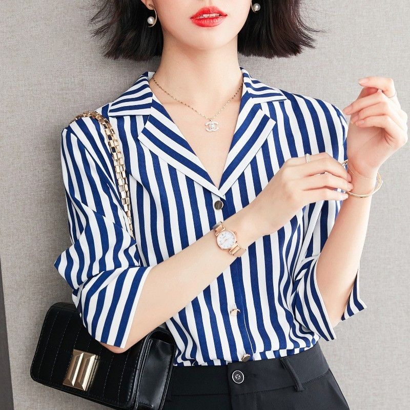 シャツ ブラウス トップス ストライプ柄 襟付き 7分袖 フロント