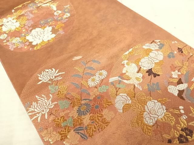 平和屋着物◎六通柄袋帯 唐織 丸紋花鳥蒔絵 金糸 引箔 正絹 逸品