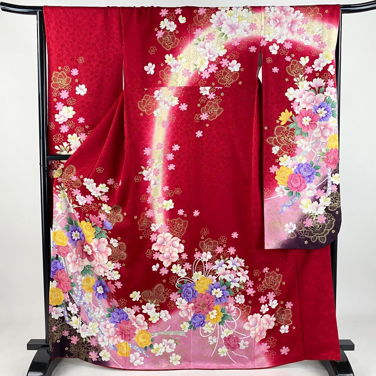 振袖 身丈166.5cm 裄丈66cm M 袷 草花 蔓帯 刺繍 金銀彩 赤 正絹 名品
