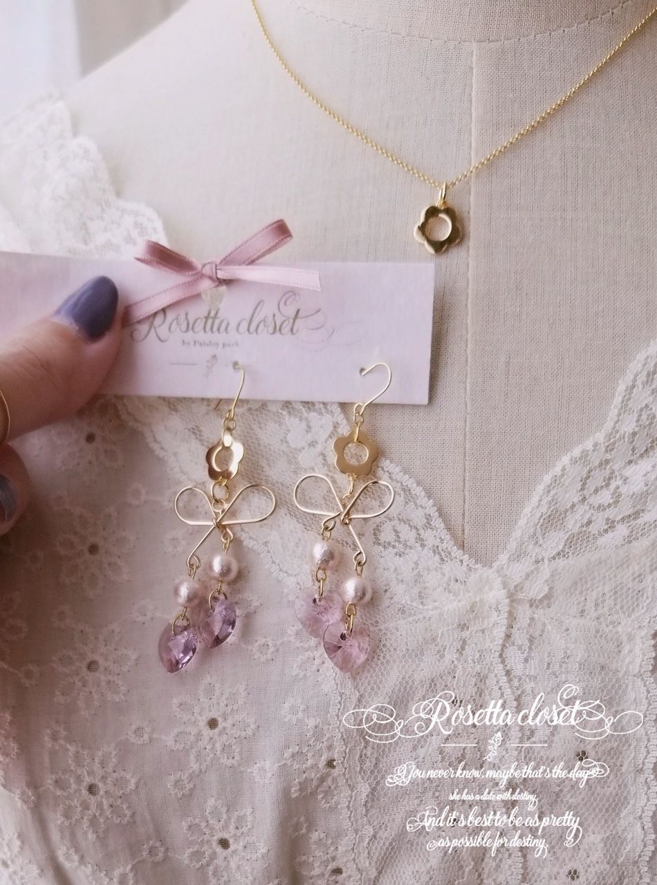 可愛いアクセサリー ハートチェリーリボンピアス＆イヤリング 