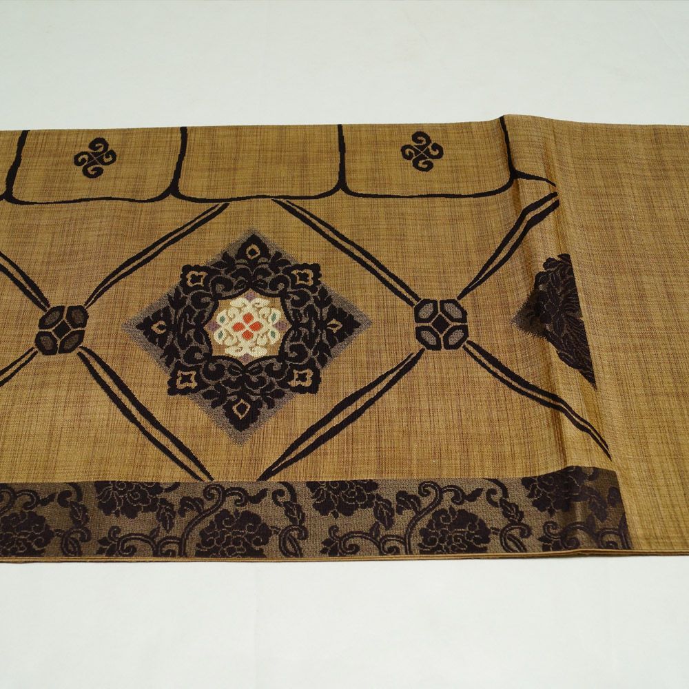 正絹　六通袋帯【菱文様】 袋帯 正絹 六通柄 和服 着物帯 菱文様 しゃれ袋帯 つなぎ風 エンジ こげ