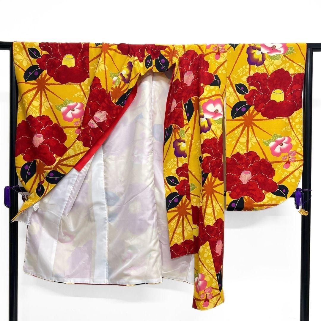 洗える着物 椿 麻の葉 二尺袖 振袖 鹿の子 袴 2点セット 着物 041a p