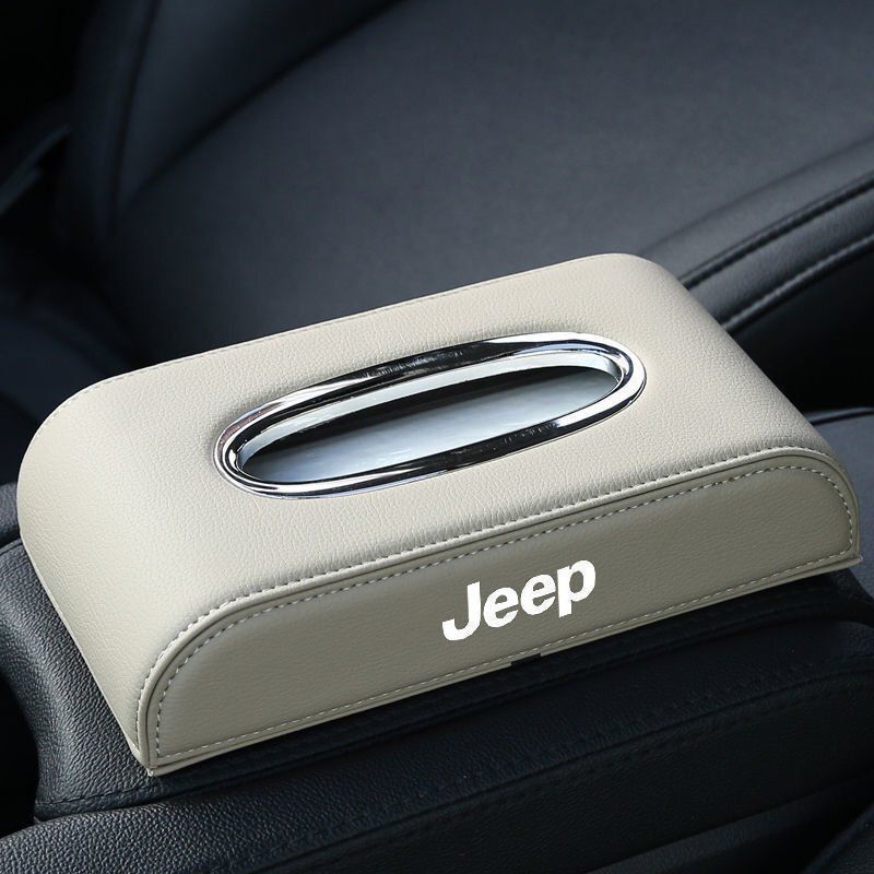 ジープ JEEP 車用ティッシュボックス　高級ティッシュケース 　車内収納ケース　磁石開閉 　カバー ロゴ入り　防水 ベージュ