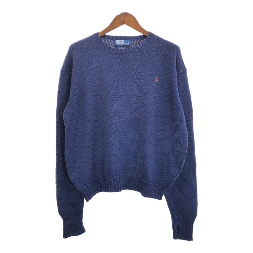 90年代 Polo by Ralph Lauren ポロ ラルフローレン コットン ニット セーター ネイビー (メンズ L) 中古 古着 T0457