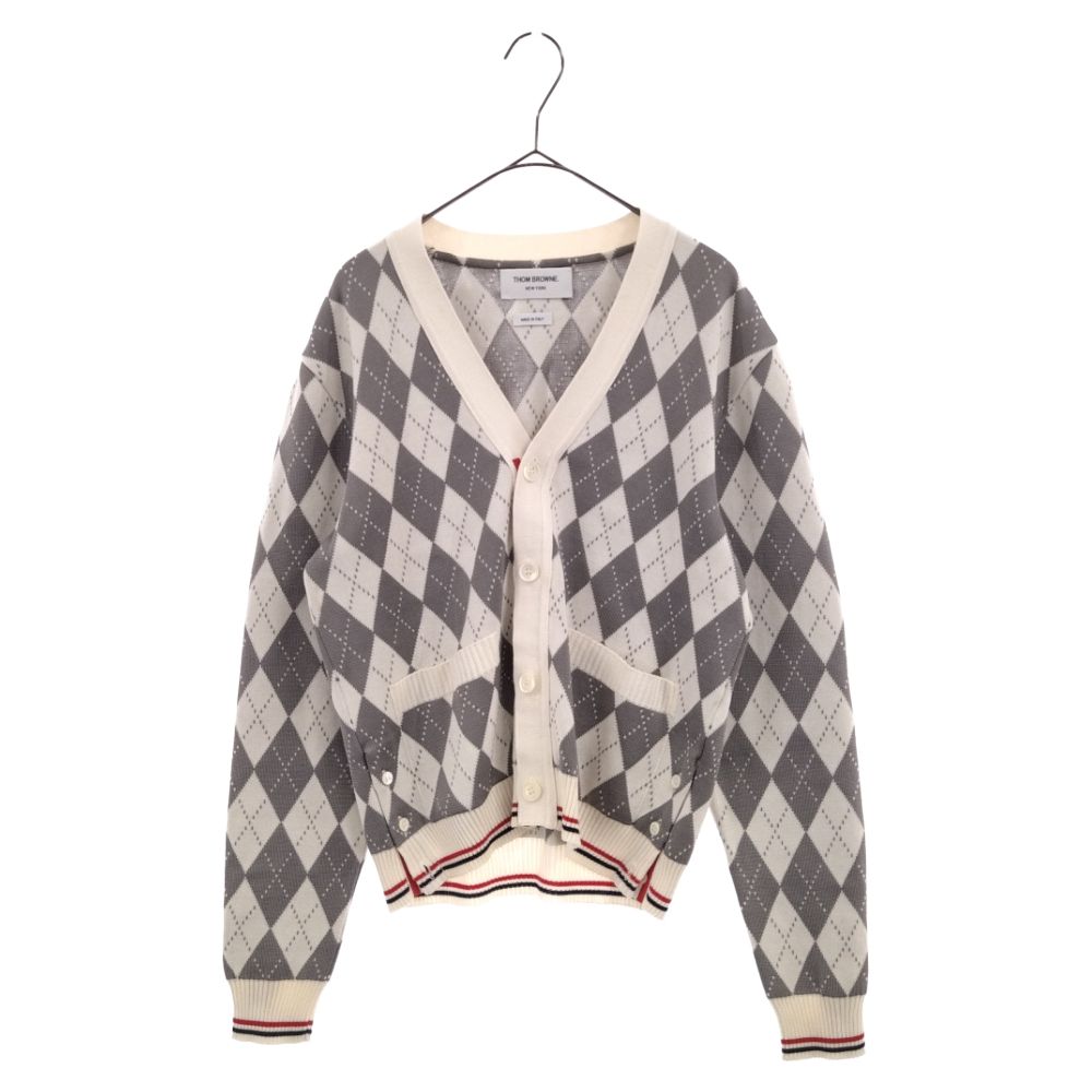 THOM BROWNE (トムブラウン) アーガイル コットンシルク ストライプ パイピング Vネックカーディガン MKC388A Y3504055 ホワイト/グレー 1