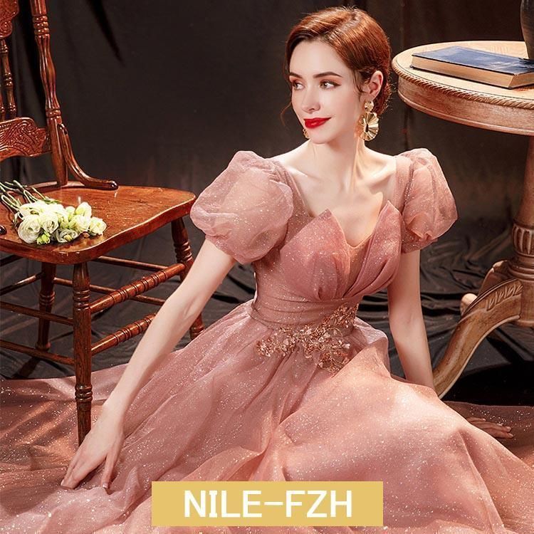 イブニングドレス パフスリーブ Vネック ロングドレス 結婚式ドレス