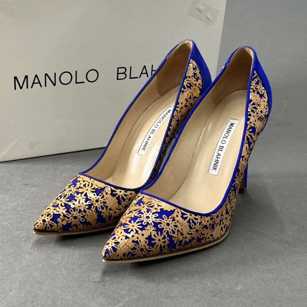 7h4 《極美品》 MANOLO BLAHNIK マノロブラニク ピンヒール パンプス スエード カーフレザー 花柄 カッティング 36 ブルー  レディース - メルカリ