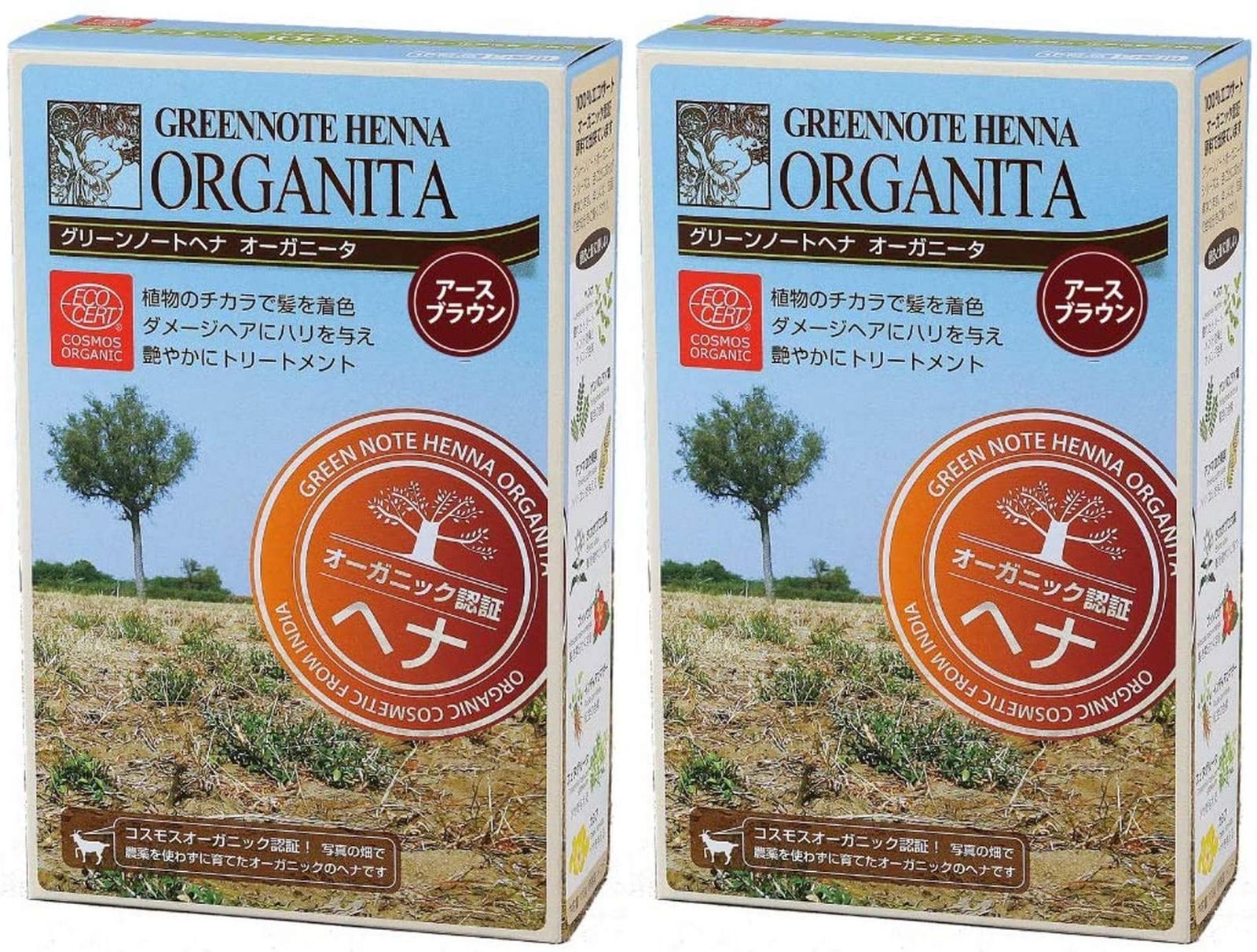 【在庫処分】グリーンノートヘナ オーガニータ　アースブラウン 100g×２箱セット