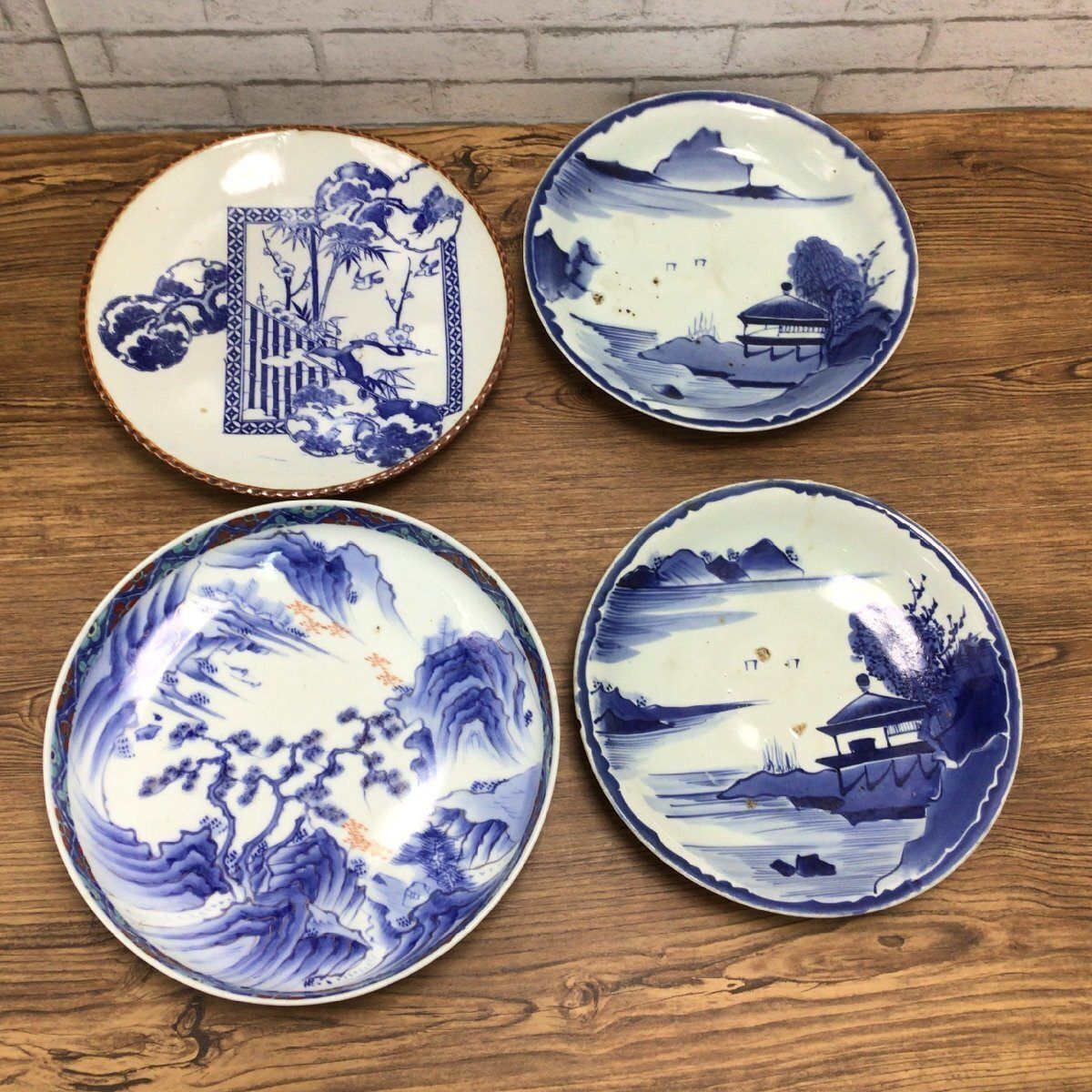 骨董皿 大皿 4枚 ご確認用】平戸焼 団鳳凰文 菊割楕円