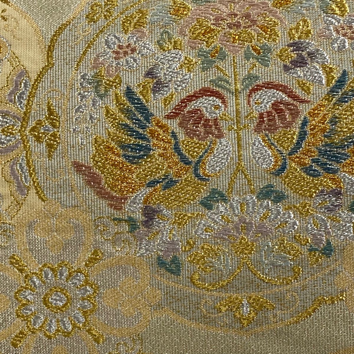 袋帯 秀品 華文 向かい鳥 金銀糸 ベージュ 六通 正絹