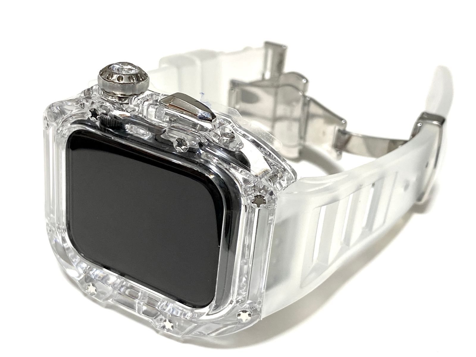 シルバー 透明ベルト アップルウォッチバンド ラバーベルト カバー Apple Watch ケース 45mm. 44mm スポーツ