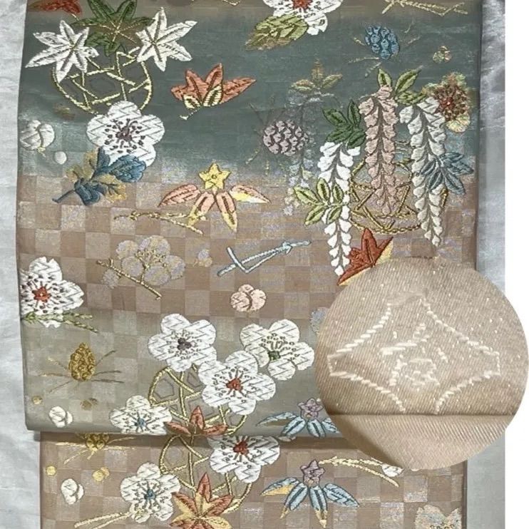 豪華絢爛綺麗美品緑汕頭刺繍正絹名古屋帯(未使用)長さ347cm - 着物・浴衣