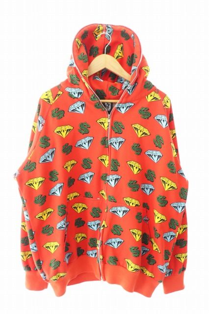ビリオネアボーイズクラブ B.B.C DIAMOND u0026 DOLLAR FULL ZIP HOODIE ダイアモンド ドル ロゴ 総柄 ジップアップ パーカー L 赤 レッド ブランド古着ベクトル 中古240722