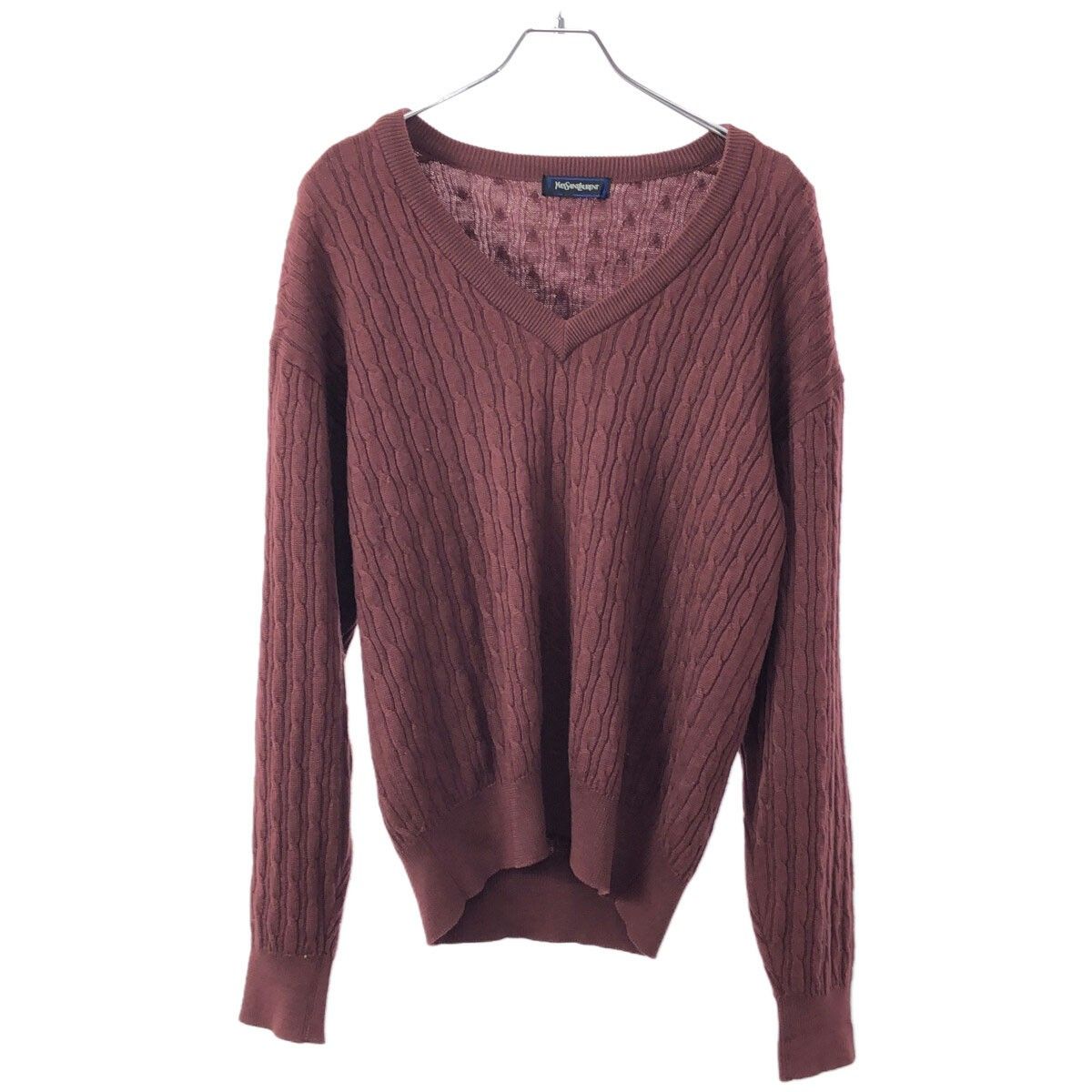YVES SAINT LAURENT イヴサンローラン Vネックケーブルニットセーター ボルドー系 L as63-014