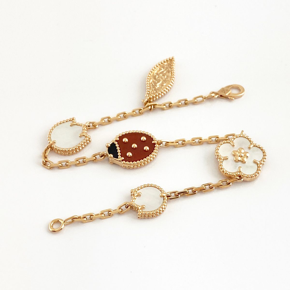 ヴァンクリーフ＆アーペル Van Cleef ＆ Arpels ラッキー スプリング ブレスレット PG ピンクゴールド 腕輪 5モチーフ マザーオブパール ファウナ ブレスレット 750 カーネリアン レディース 【中古】