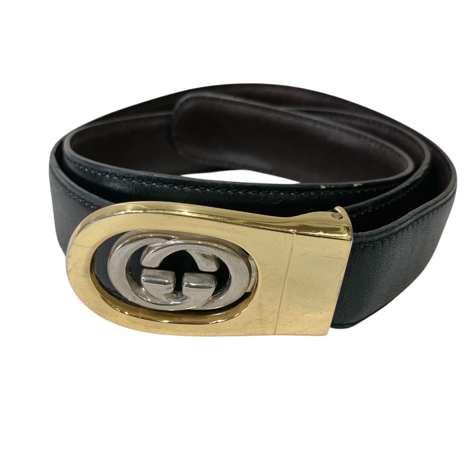 RE127 GUCCI グッチ GGレザーベルト ゴールド ブラック ヴィンテージ メンズ