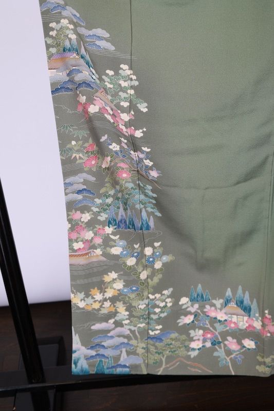 訪問着　若草色　青　緑　黄　赤　茶　白　一つ紋蔦　茶屋辻模様　京友禅　作家モノ　A453 訪問着 若草色 青 緑 黄 赤 茶 白 一つ紋蔦 茶屋辻模様 京友禅 作家