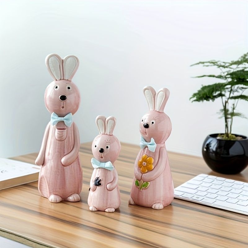オブジェ 置物 ウサギの家族 うさぎ ラビット ピンク 3個セット アニメ風 インテリア リビング ダイニング 玄関 寝室 装飾 オーナメント セラミック プレゼント ギフト オシャレ