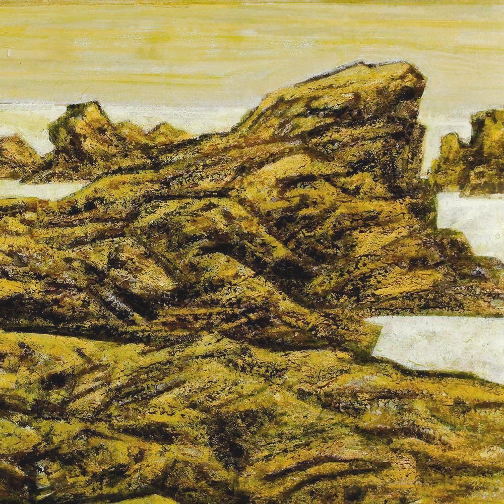 【真作】絵画　長崎莫人　日本画10号　太陽と岩山　抽象的風景画　W127 真作】絵画 長崎莫人 日本画10号 太陽と岩山 抽象的風景