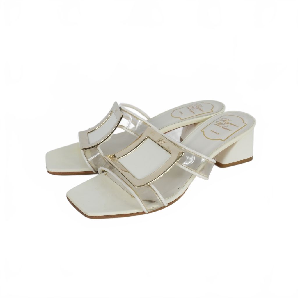 ロジェヴィヴィエ ROGER VIVIER PVC×レザー スクエアバックル ミュール サンダル 36.5 白 ホワイト