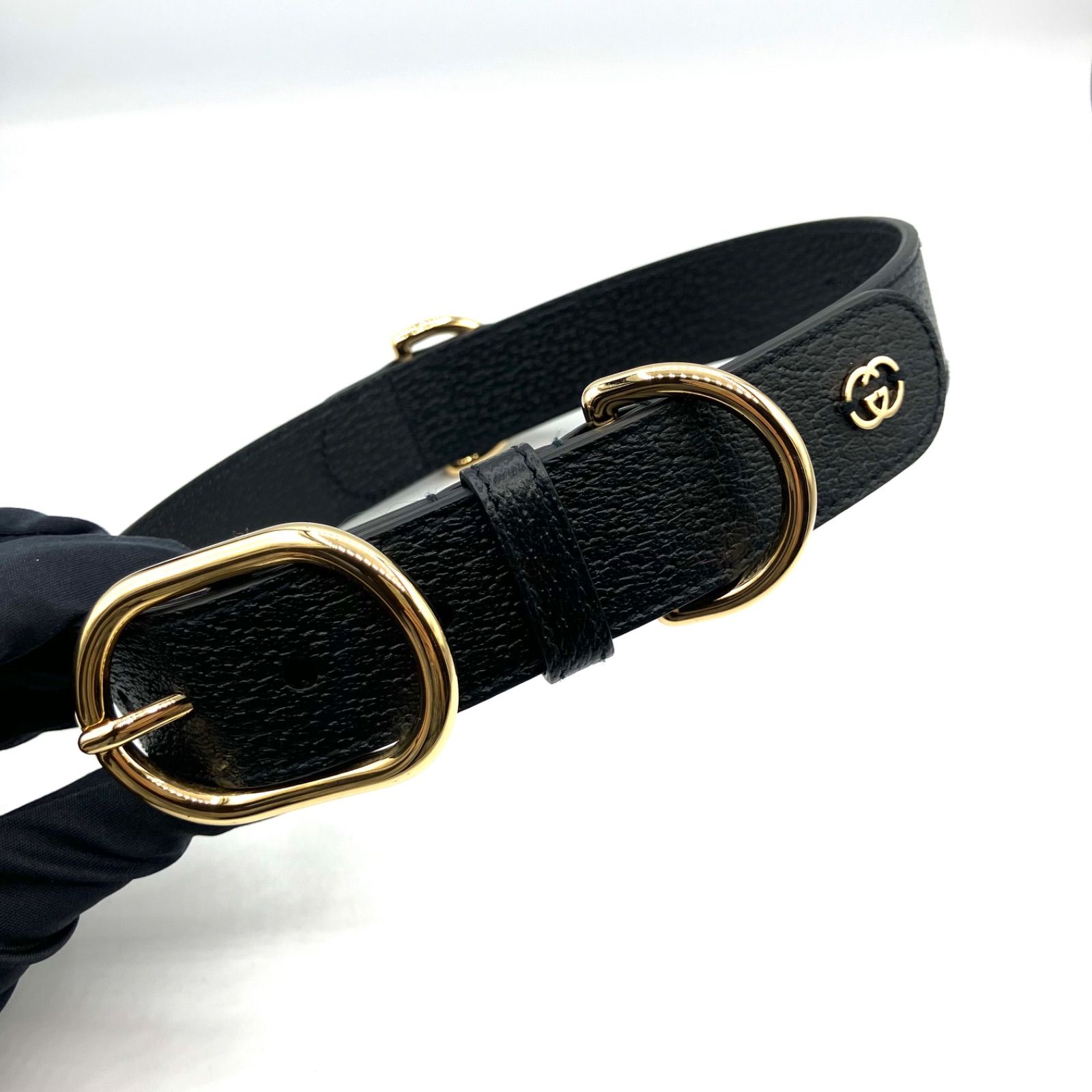未使用 グッチ 首輪 インターロッキング GG レザー 黒×ゴールド GUCCI （新品・未使用品）グッチ インターロッキングG ラージ