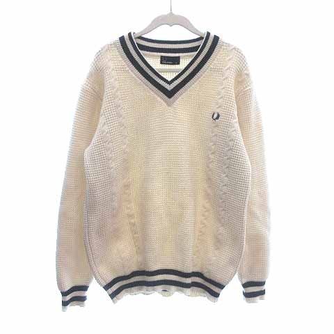 フレッドペリー FRED PERRY ニット セーター Vネック ケーブル 長袖 M アイボリー 白 ホワイト 紺 ネイビー /YK GY18