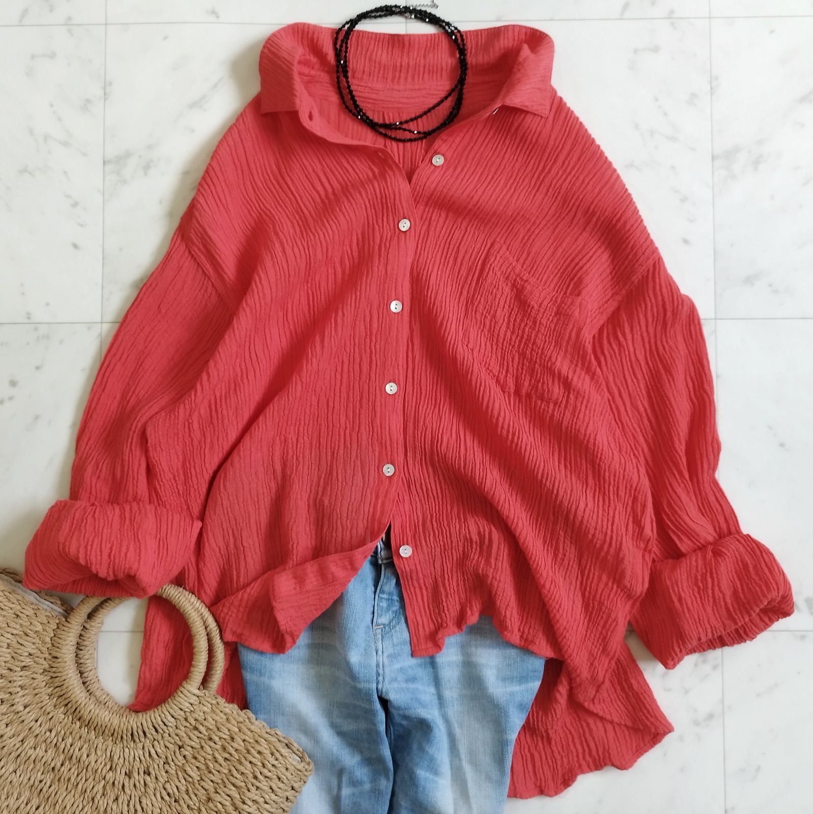 美品【Ungridアングリッド】 楊柳ビッグルーズシャツオレンジ 