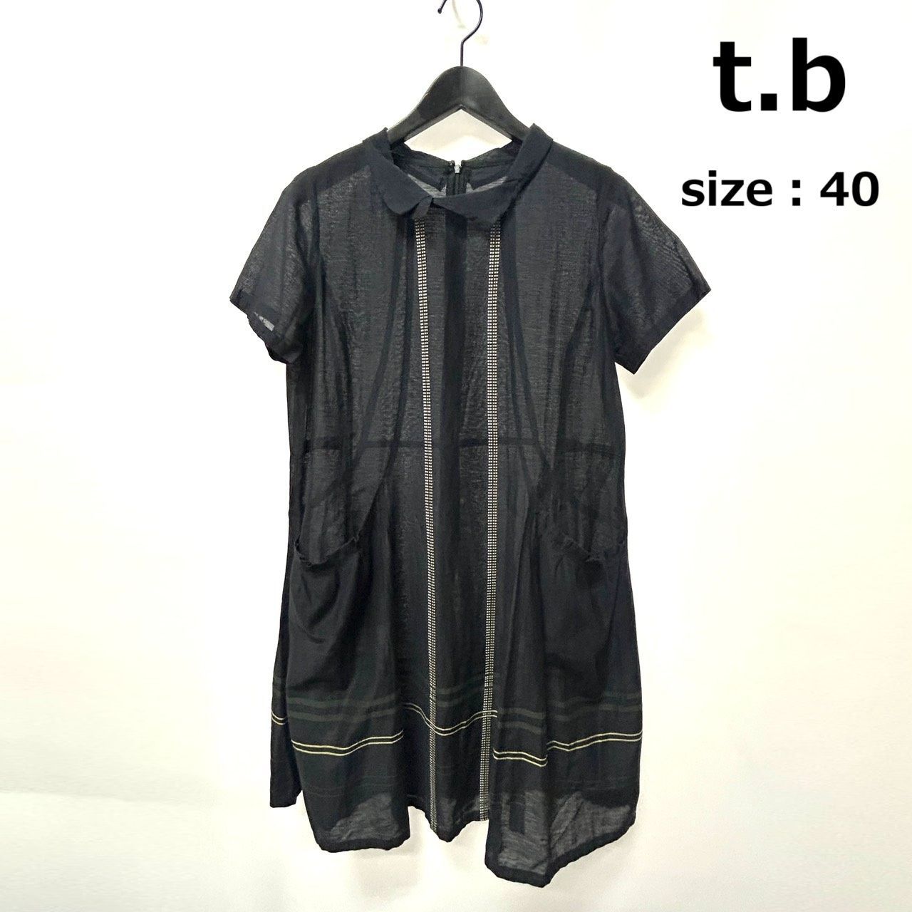 t.b 40 ブラック系 ひざ丈ワンピース 半袖ドレス レディース 生地コットンリネン混 シースルー 日本製 センソユニコ マツオ ティービー