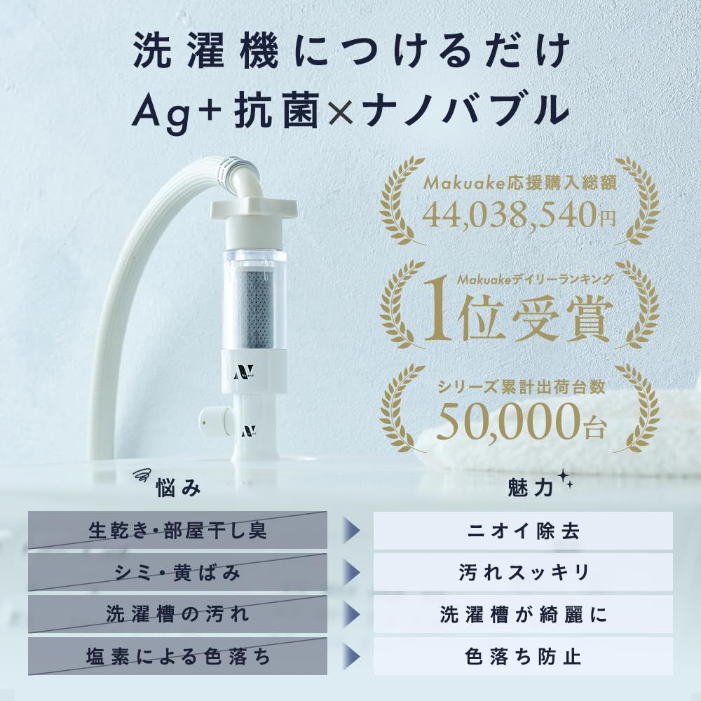 Noend オーガニックファインバブル洗濯機アダプター ナノバブル発生器 汚れ除去|洗濯槽洗浄 AG 抗菌|ニオイ除去 99 塩素除去|色落ち防止 ブランド|特許取得|日本初 タテ型洗濯機 ドラム式洗濯機対応|工具不要 グッドデザイン賞 度受