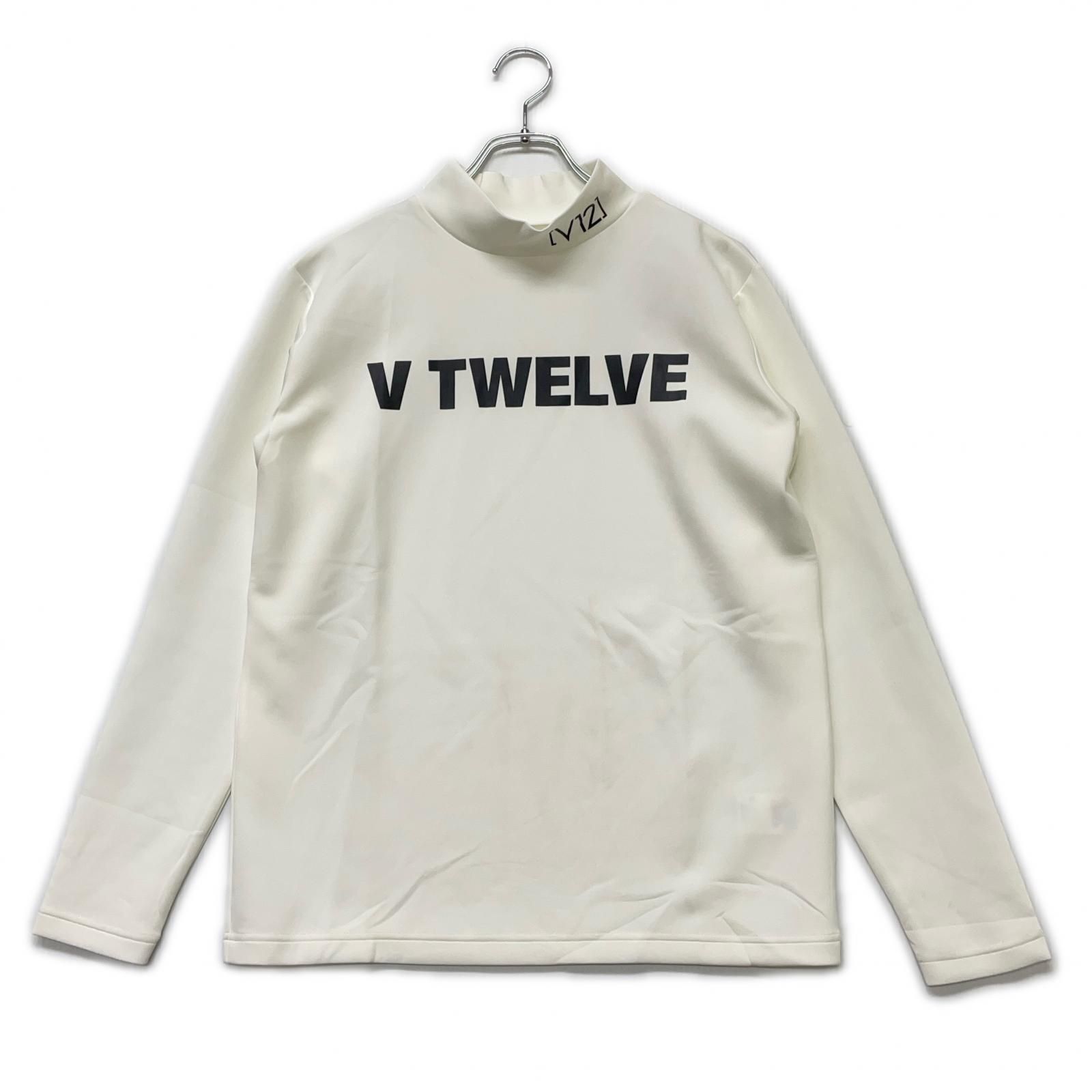 メンズ ヴィ トゥエルヴ V12 長袖シャツ M 白 モックネック ストレッチ シンプル ロゴプリント