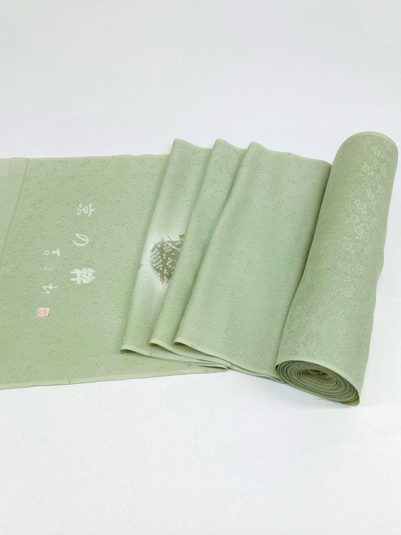 付け下げ 手描き友禅 吉三郎 金駒 金彩 紋意匠 山葵色 正絹 反物