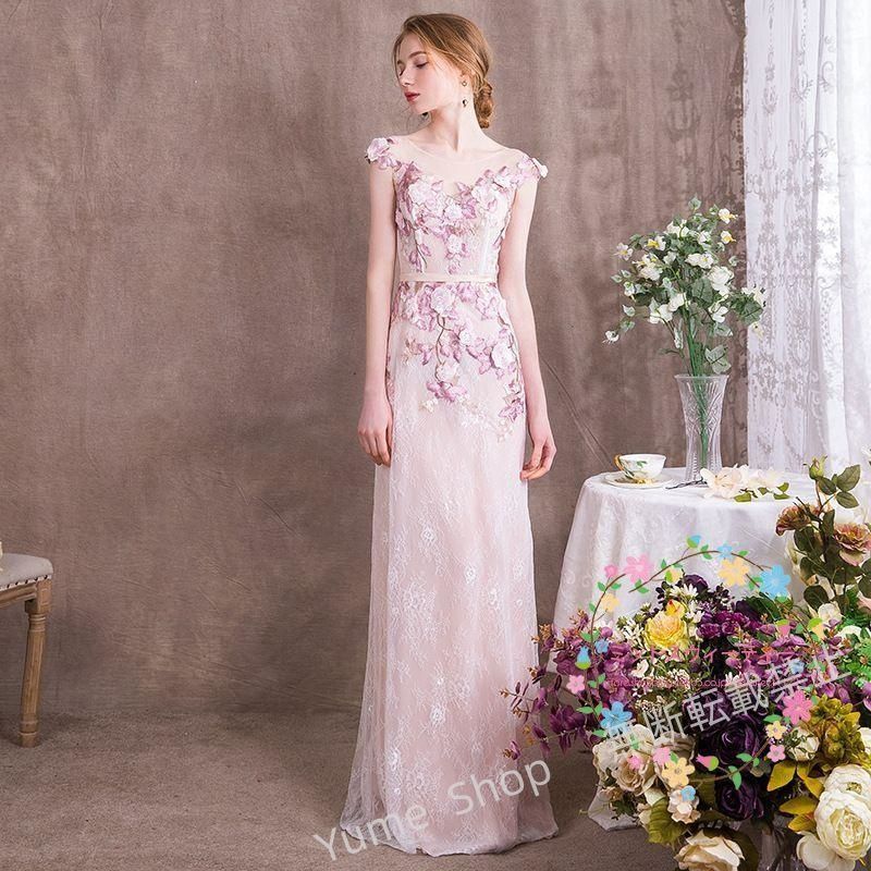 ♥ スレンダードレス ロング カラードレス カクテルドレス 花嫁 パーティードレス 演奏会 フォーマル 結婚式 イブニングドレス 二次会 発表会 ピンク 花 エレガンス nhdw136
