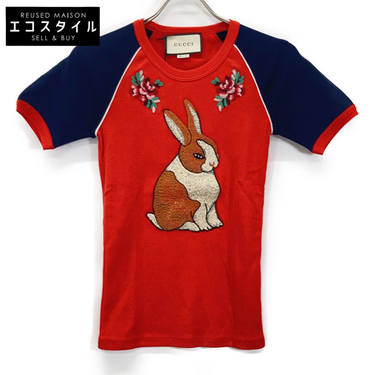 GUCCI グッチ 461423 ﾚｯﾄﾞ ﾗﾋﾞｯﾄ刺繍ｺｯﾄﾝｼﾞｬｰｼﾞｰTｼｬﾂ XS