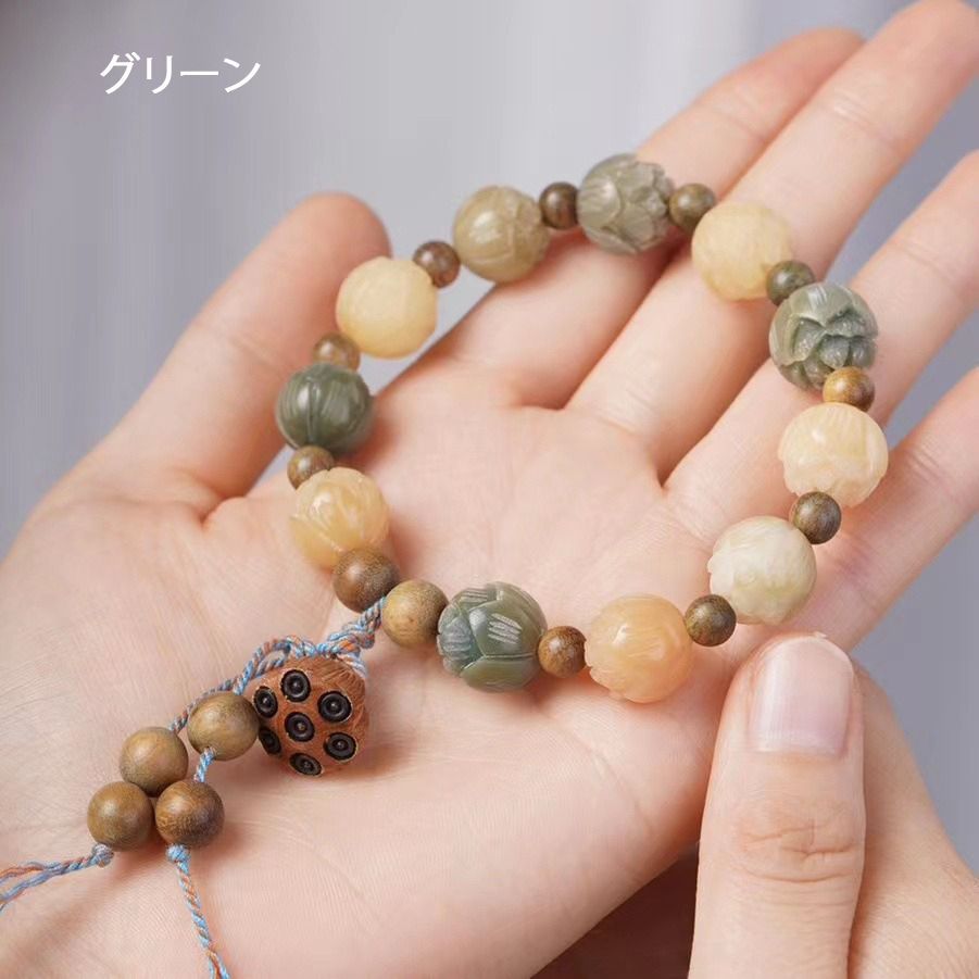 菩提樹 ブレスレット グリーン 緑 ブラウン 茶 蓮 蓮の花 蓮の実 