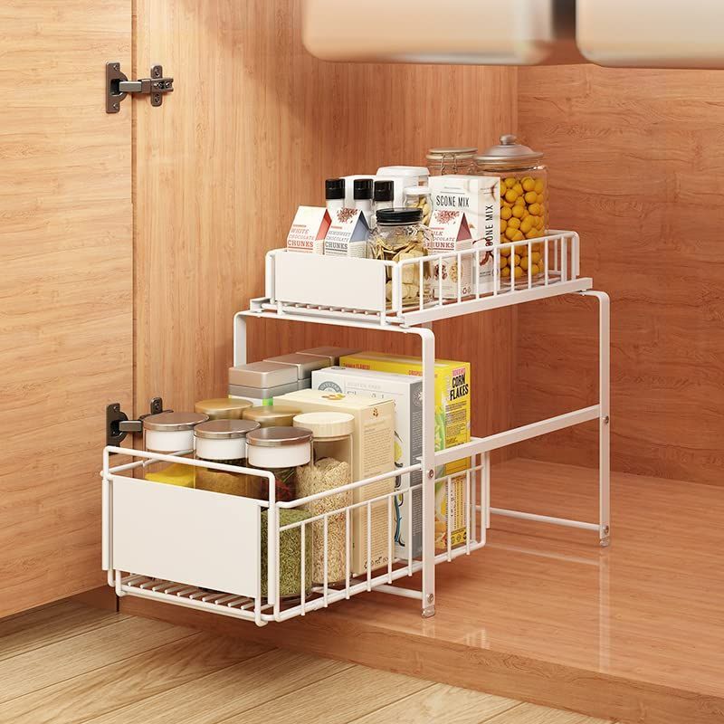 ホワイト 2段キッチンラック スライド棚付き レンジ台 2段スライド グロスホワイト 完成品 幅49cm （ レンジ