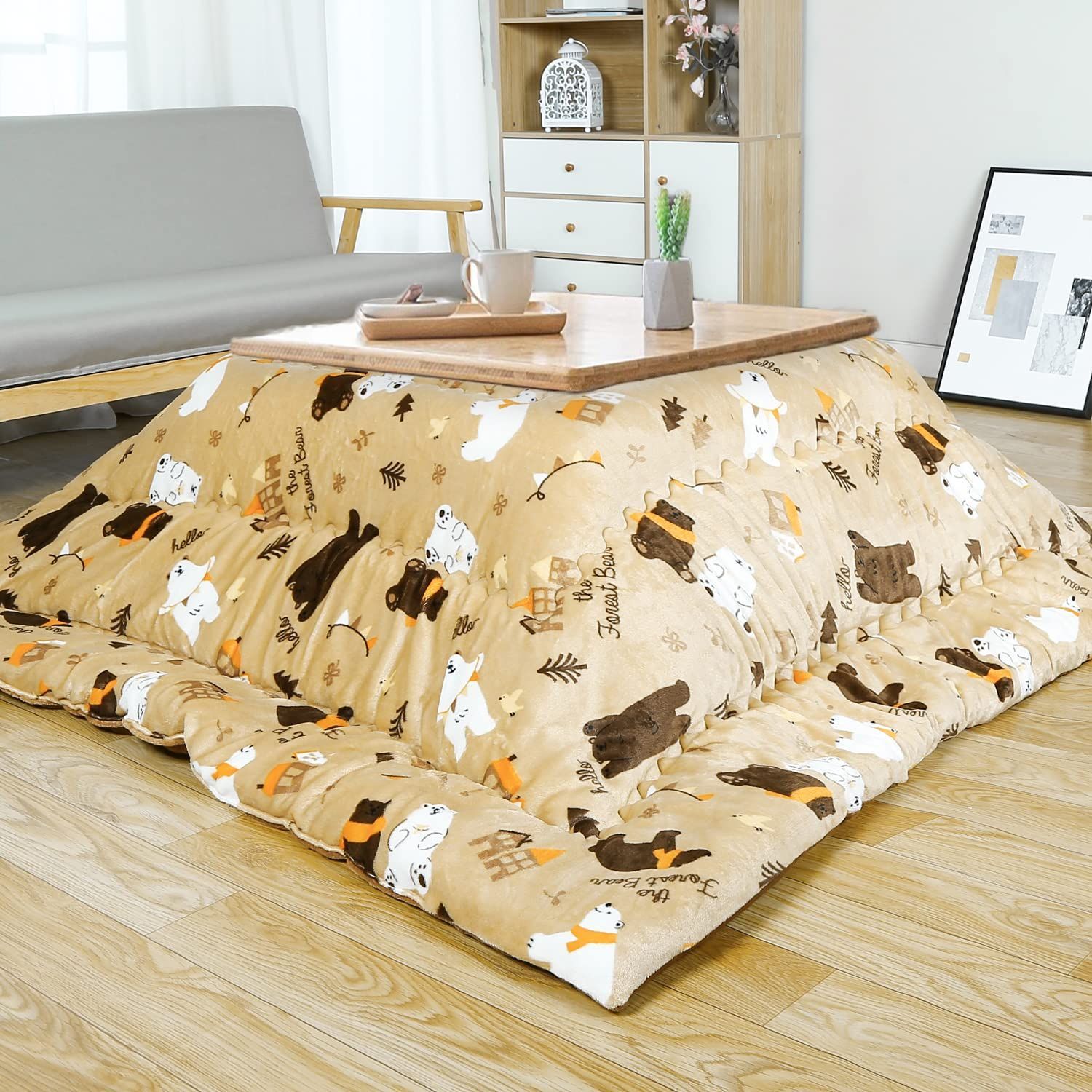 長方形こたつ布団 約185x235cm_熊柄 ベージュ こたつ布団 こたつ厚掛け布団 掛け布団単品 リバーシブル 両面使える フランネル 発熱綿使用 保温性 丸洗いOK 静電気防止 毛抜けない 熊 ベージュ 185x235cm